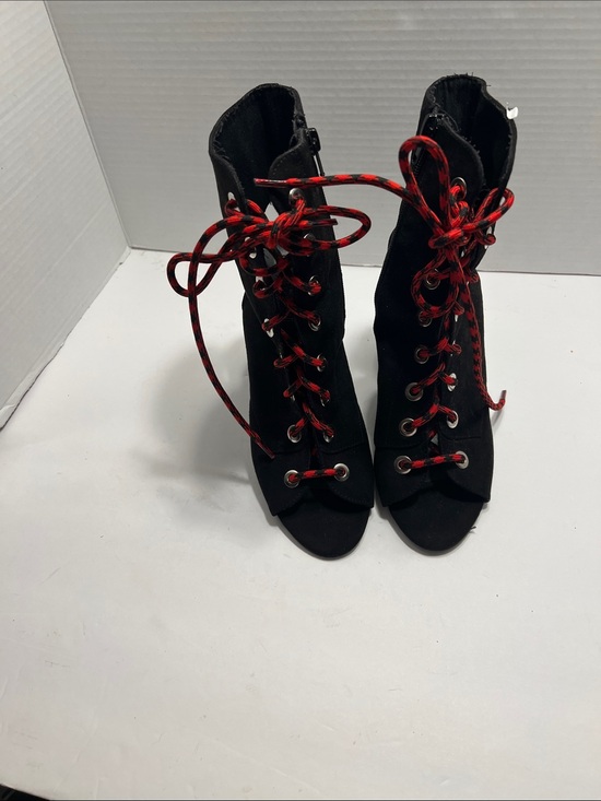 Forever 21 Shoes - Forever 21 Black Peep Toe Lace-Up Ankle Boots with Red Laces